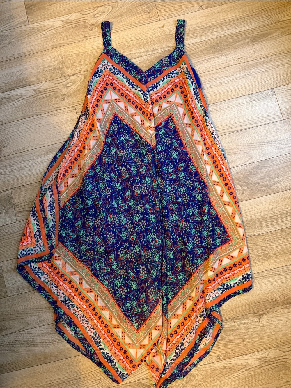 Bohemian Floral Handkerchief Hem Dress - Blue & Orange